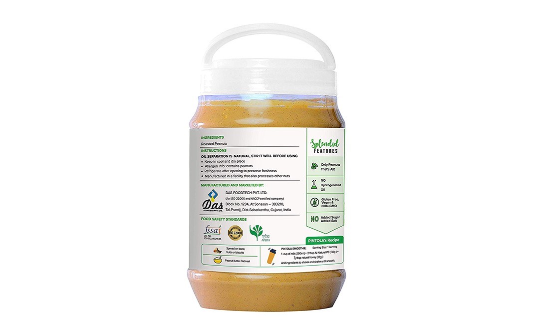 Pintola Unsweetened Peanut Butter All Natural Creamy   Plastic Jar  2.5 kilogram